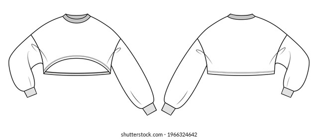 Camisas sudaderas en gráfico vectorial.
Sudadera ultracosecha de volumen deportivo con mangas de volumen y cuello de la tripulación. Plantilla de ilustración aislada de moda.Vistas frontal y posterior del esquema.