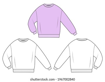 Weibliches Sweatshirt in Vektorgrafik.
Langleinenpullover mit Voll-Ärmeln und Crew-Hals. Modefotos, einzelne Illustrationsvorlagen.Schematische Vorder- und Rückseite.