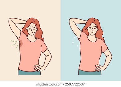 Woman with sweaty armpits rejoices after smell and stains on clothes disappear thanks to deodorant. Girl problem of sweaty armpits disappeared due to use of medications for excessive sweating