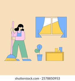 woman sweep the floor ,cleaning house,