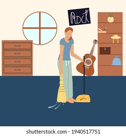 The woman is sweeping the apartment. Mom is cleaning the son's room. Vector illustration in flat style