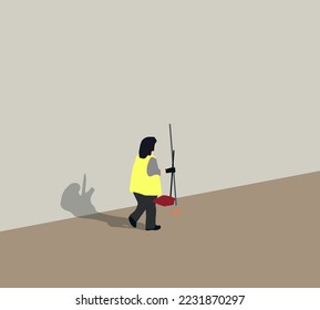 Woman sweeping the city road in the morning with broom. Cleaning service with professional equipment during work