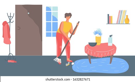 Woman sweeping floor at home, cleaning household routine, vector illustration. Housewife cartoon character, domestic chores. Housekeeping concept, sweeping floor and cleaning apartment with broom