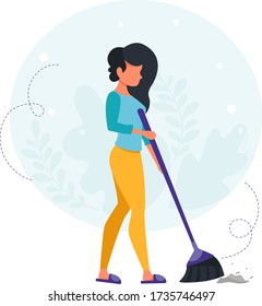 Woman sweeping the floor. House cleaning concept. Housewife cleaning the house. Vector illustration in a flat style.