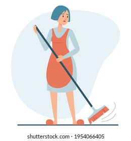 Woman sweeping the floor using broom vector isolated. Idea of housework, housewife cleaning the room. Everyday routine.