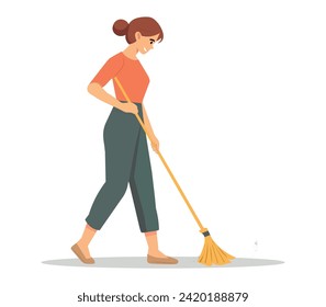 Woman sweeping the floor using broom vector isolated. Idea of housework, housewife cleaning the room. Everyday routine.