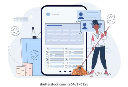 Mulher varrendo folhas ao lado de tela grande smartphone com interface checklist, lixeira e bolhas de mensagens, em fundo branco. Conceito de limpeza digital. Ilustração vetorial