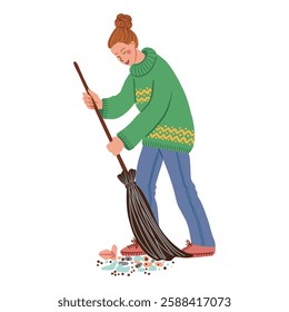 Woman sweeping the street with a broom, isolated on a white background. Vector illustration