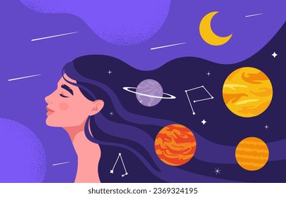 Woman with sweet dreams concept. Young girl with galaxy and universe at hairs. Colorful planets and constellations. Poster or banner for website. Cartoon flat vector illustration