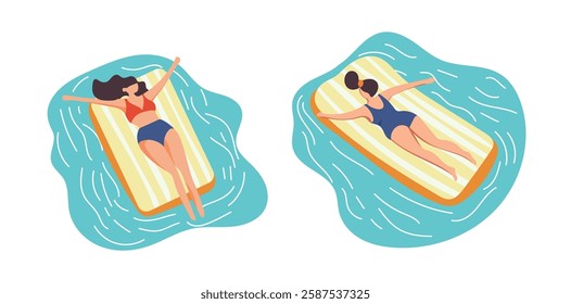 Woman swim in pool on inflatable mattress. Vector clipart illustration on isolated background.