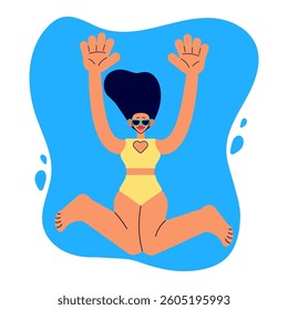 Woman in swim suit dives into water. Girl jumping into water on summer vacations. Cartoon isolated vector illustration. 