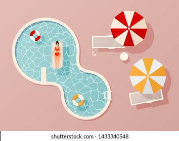 Woman in swim suit lying on floating swimming pool mattress. Summer pool party invitation design. Flyer or banner template. Flat design elements, minimalist style. Vector illustration.