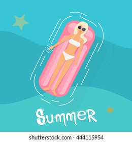 Woman in swim suit lying on floating swimming pool mattress. Summer time.