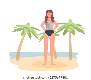 woman in swim suit on the beach. Flat vector illustration