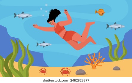 Woman swim underwater. Young girl in red swimsuit swims with fish, reefs and corals. Holidays in tropical and exotic countries. Diver in sea and ocean. Cartoon vector illustration