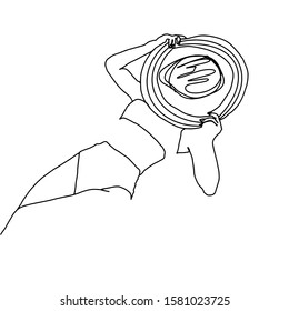 Woman in swim wear relaxing with hat on her face vector line silhouette