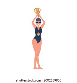 Woman swimmer cartoon character holding gold trophy award cup above head, flat vector illustration isolated on white background. Sport competition winners rewarding.