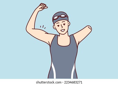 Woman swimmer with one arm demonstrates strength by raising fist and showing biceps as sign of victory in competition. Happy disabled girl dressed in swimsuit and swimming cap. Flat vector image