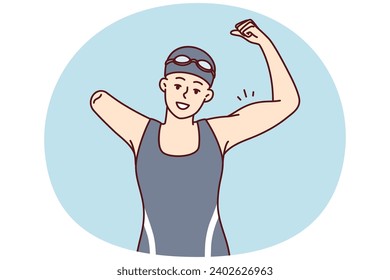 Una nadadora con un brazo muestra fuerza levantando puño y mostrando a los bíceps como señal de victoria en la competencia. Feliz niña discapacitada vestida con traje de baño y gorra de baño. Imagen vectorial plana