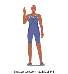 Woman Swimmer Posing and Waving Hand, Sport Competition, Tournament or Championship Concept. Female Character Wear Swim Suit and Hat Isolated on White Background. Cartoon People Vector Illustration