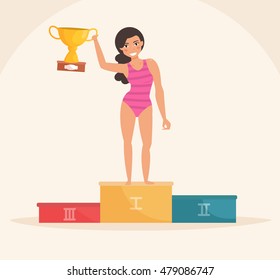 Woman swimmer. Rewarding. Cup. Vector illustration. Cartoon character. Isolated.