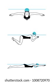 Woman swimming brass technique. Step by step illustration set.