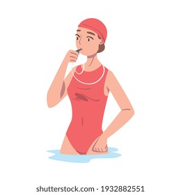 Woman Swimming Coach Character, Trainer With Whistle Teaching Swimmers At Swimming Class Cartoon Style Vector Illustration