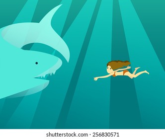 Woman swimming in the deep ocean with big shark. flat design character. vector illustration