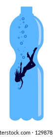 Woman swimming or diving into a blue plastic bottle. Plastic free concept vector illustration