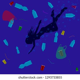 Woman swimming or diving under the water polluted with plastic garbage