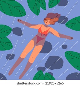 Mujer nadando, flotando en el agua, arriba vista. Niña en bikini relajándose en el lago en verano. Relajación femenina de baño en la superficie del río. Unidad con la naturaleza, concepto de armonía. Vector plano