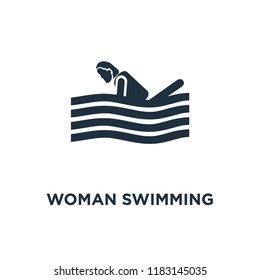 Woman Swimming icon. Black filled vector illustration. Woman Swimming symbol on white background. Can be used in web and mobile.