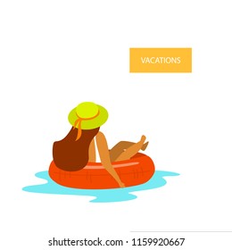 woman swimming in inflatable ring float in a pool back view isolated vector illustration