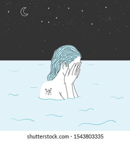 Woman swimming in the middle of the sea at night and full of stars in the sky.Doodle art concept,illustration painting