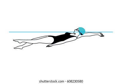 Woman swimming on the back in a swimming pool. Backstroke training. Vector illustration.