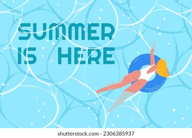 Woman swimming on inflatable ring. Girl in bikini relaxing on blue water surface, top view. Happy female character sunbathing. Summer is here. Vector illustration