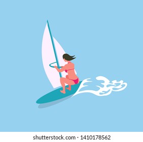 Woman swimming on surfboard with canvas in blue sea waters. Vector surfboard, extreme sport and cartoon character in bikini suit, back view