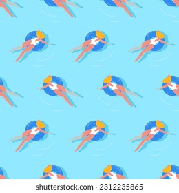 Woman swimming on swim ring seamless pattern. Girl in bikini relaxing on blue water surface, top view. Happy female character sunbathing. Vector illustration