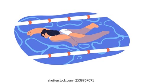 Mujer en piscina, disfrutando del deporte acuático, tiempo de ocio activo. Nadadora femenina, niña feliz en traje de baño, estilo libre. Actividad acuática. Ilustración vectorial plana aislada sobre fondo blanco