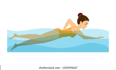 Woman swimming in the pool. Exercise to relieve back pain. Swimmer training. Young athlete. Isolated vector illustration in cartoon style