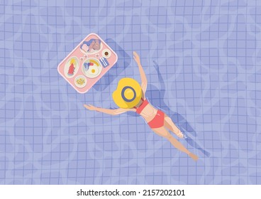 Mujer nadando en piscina con desayuno flotante, vista de pájaro de bandeja, ilustración vectorial