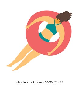 Woman swimming in the pool on rubber rings. Girl swimming in the sea. Woman relaxes, summer holiday rest.  Summer relax and outdoor activities. Flat design illustration