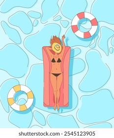 Woman swimming in pool. Top view of young girl in hat lying on mattress in water. Tourist and traveler in tropical and exotic countries. Recretaion and relaxation, rest. Linear vector illustration