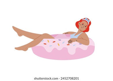 Woman at swimming pool vector flat illustration. Female in swimsuit floating on rubber ring. Tanned girl in bikini enjoying summer vacation. Summer travel and leisure.