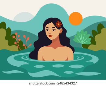 Woman swimming in river on summer vacation. Bathing in sea in the middle of nature. Leisure activity, recreation, relaxation.