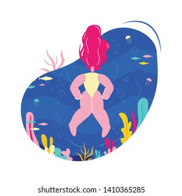 Woman Swimming in Sea Flat Vector Illustration. Girl Diving Cartoon Faceless Character. Ocean Bottom, Underwater, Marine Life. Tropical Fish, Seaweed in Water. Extreme Sport, Summer Holiday Vacation