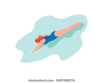 Woman Swimming in the Sea, Girl Relaxing at Summer Vacation, Summer Outdoors Activities Vector Illustration