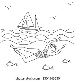 Woman swimming in the sea surrounded by fish with the yacht on the horizon.