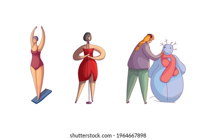 Woman Swimming, Singing Song and Building Snowman Vector Set