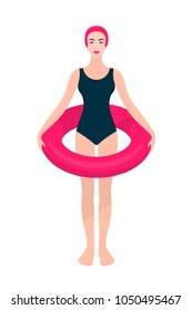 Woman, in swimming suit and cap with lifebuoy. Full length portrait of  girl. Vector flat illustration.
